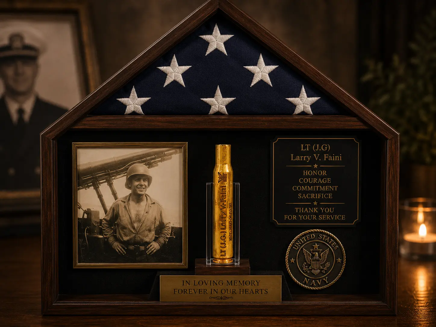 Memorial display case with a folded American flag, a photograph of a fallen serviceman, and an engraved .30-06 shell casing